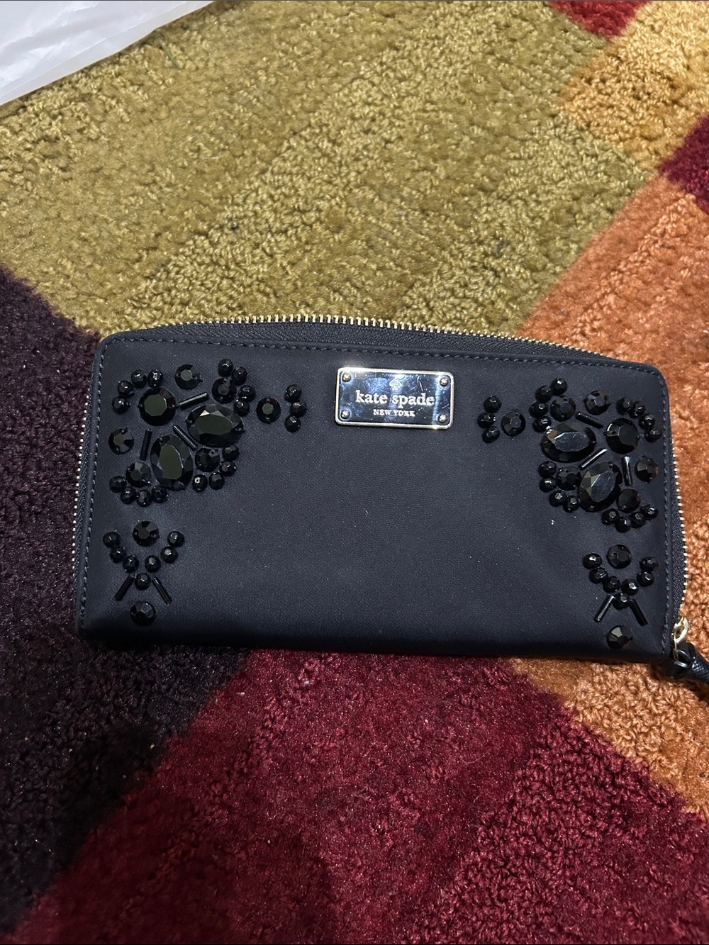 kate spade black crystal-embellished zip-around wallet